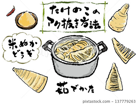 Bamboo shoot preparation (removing bitterness), peeled bamboo shoots, and a set of warm calligraphy and illustrations. 137779263
