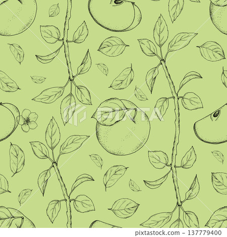 Seamless pattern with outline apples, flowers and leaves. Hand drawn sketch illustration on yellow background. 137779400