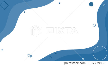 Minimal abstract blue border with smooth organic curves and floating geometric details on white background, clean frame for modern presentations 137779430