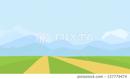 Countryside Landscape With Road Through Green Fields And Blue Sky Illustration 137779474