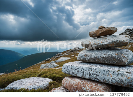 Cairn Stone Stack on Cloudy Mountain Peak 137779492