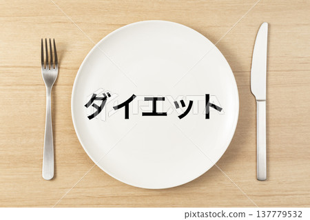 A plate and cutlery with the word "Diet" written on it. A plate and cutlery with the word "Diet" written on it. 137779532