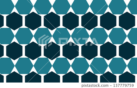 Alternating teal and navy hexagons and triangles form a geometric optical illusion pattern with high contrast and structured symmetry on white background. 137779759
