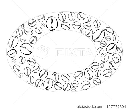 Round frame with coffee beans Frame template Black white Oval Cafe hand drawn illustration. Vector graphic line ink art. for cafe and restaurant menu, banners, posters, invitations, packaging 137779804