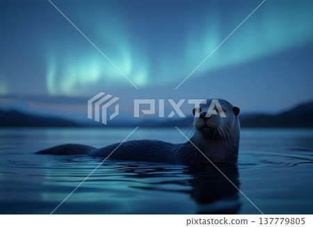 Peaceful Sea Otter Beneath Noctilucent Twilight Skies 137779805