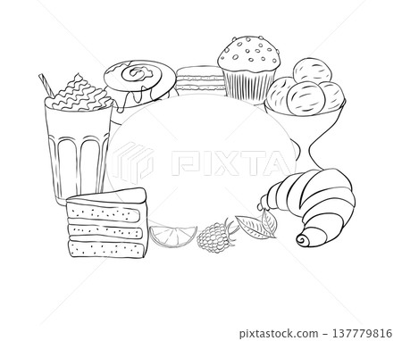 dessert Frame template Oval Cafe hand Black white drawn illustration. Vector graphic line ink art. For poster, invitation, backdrop, ad, sale promotion, print for t-shirt dessert Frame template Oval Cafe hand Black white drawn illustration. Vector graphic line ink art. For poster, invitation, backdrop, ad, sale promotion, print for t-shirt 137779816
