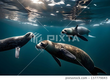 Seals Swimming Through Murky Antarctic Waters with Sunlight Struggling to Penetrate the Polluted Surface 137779843