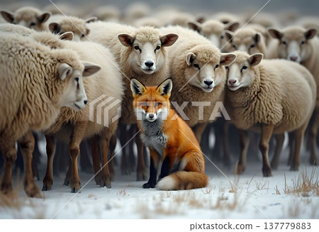 Compassionate Sheep Surround a Wandering Fox 137779883