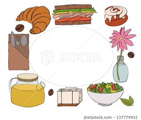 cafe food drinks Frame template Oval rectangle Cafe hand drawn illustration. Vector graphic line ink art. For poster, invitation, backdrop, ad, sale promotion, print for t-shirt 137779932
