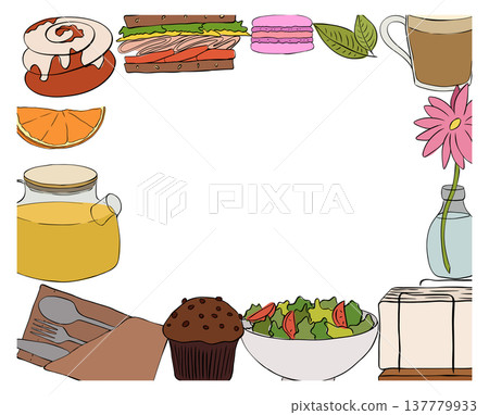 cafe food coffee tea Frame template rectangle Cafe hand drawn illustration. Vector graphic line ink art. Silhouette sign for logo, print, comics, fashion, pop art, boards, decoration, posters 137779933