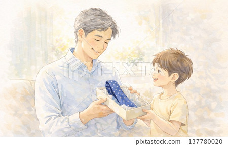 A heartwarming illustration of a parent and child exchanging gifts on Father's Day. A heartwarming illustration of a parent and child exchanging gifts on Father's Day. 137780020