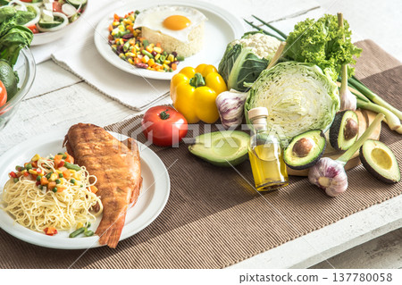 Organic healthy food on the dining table Organic healthy food on the dining table 137780058