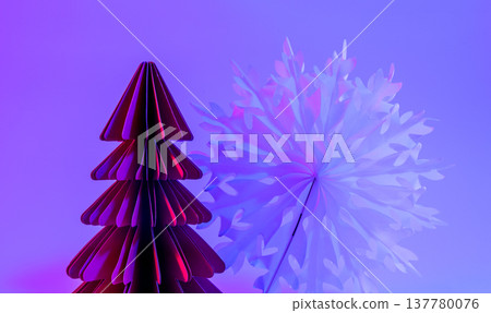 Paper Christmas tree and snowflake on neon gradient background. 137780076