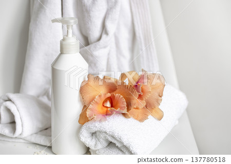 Spa composition with bath accessories and Thai orchid flowers. Spa composition with bath accessories and Thai orchid flowers. 137780518