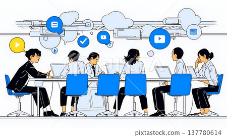 Concepts of IT Business and Cloud Technology | Image of a Team Working on Laptops and a Data Network 137780614