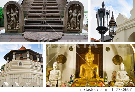 Collage of the Temple of the Sacred Tooth Relic in Kandy featuring golden Buddha statues, intricate stone carvings, the iconic octagonal tower, and traditional vintage street lamps. 137780697