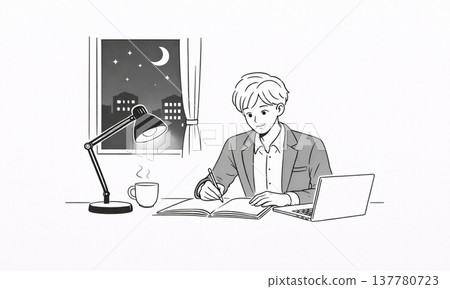 一幅描繪商務人士夜間在辦公桌前工作的線條畫插圖。 一幅描繪商務人士夜間在辦公桌前工作的線條畫插圖。 137780723