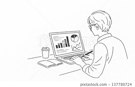 線條畫插圖,描繪了一位商人正在電腦上分析數據。 線條畫插圖,描繪了一位商人正在電腦上分析數據。 137780724