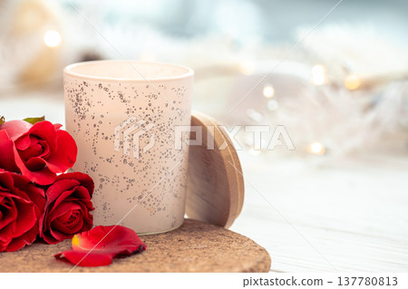Spa composition with roses and candle, valentine's day concept. Spa composition with roses and candle, valentine's day concept. 137780813