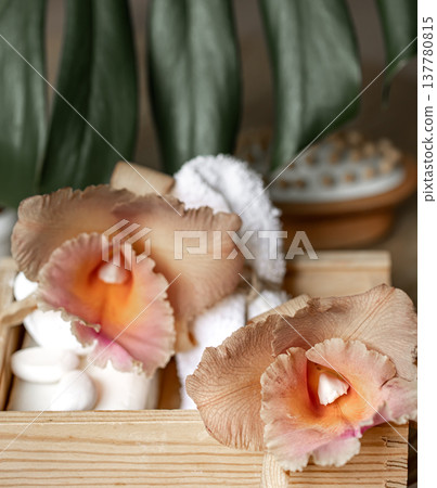 Spa composition with Thai orchid flowers and bath accessories. Spa composition with Thai orchid flowers and bath accessories. 137780815