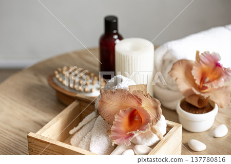 Spa composition with Thai orchid flowers and bath accessories. 137780816