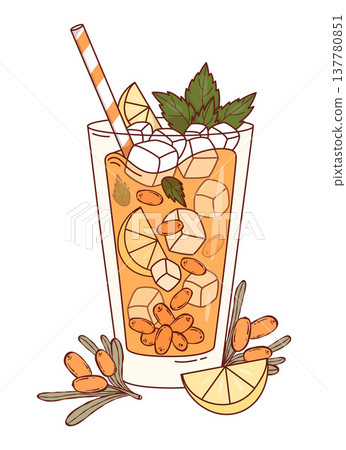 Sea Buckthorn Lemonade with Ice Cubes, Orange Berry, Mint and Citrus. Refreshing Drink in Highball Glass with Cocktail Straw. Vector Illustration. Isolated on White Sea Buckthorn Lemonade with Ice Cubes, Orange Berry, Mint and Citrus. Refreshing Drink in Highball Glass with Cocktail Straw. Vector Illustration. Isolated on White 137780851