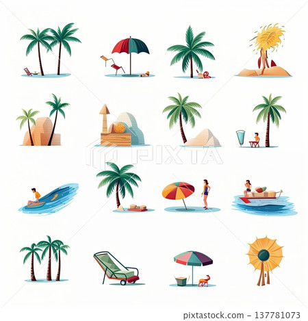 Tropical Beach Scene Icons with Palm Trees and Beach Elements. Vacation and Holidays Concept. 137781073