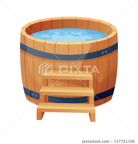 Wooden bath. Wood tub, cartoon rustic water bath barrel for public sauna traditional banya or onsen japanese hot spring, wellness relaxing bathtub basin neat vector illustration of tub bath wooden 137781198