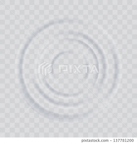 Water ripple effect top view. Realistic caustic drop or sound wave splash effect, concentric circles in puddle. Vector round wave surface on transparent background 137781200