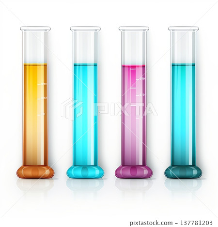 Colorful Chemical Solutions in Cylinders for Science and Medical Research, Isolated 137781203