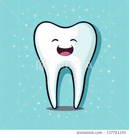Happy Tooth Cartoon Character on Light Blue Background. Dental Health Concept. Modern Design Happy Tooth Cartoon Character on Light Blue Background. Dental Health Concept. Modern Design 137781205
