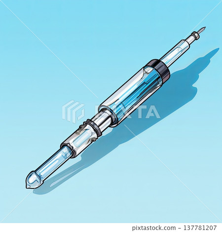 Modern Medical Syringe with Clear Liquid Isolated on Blue Background, Health and Science Concept 137781207