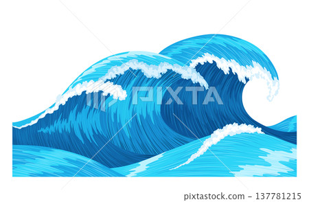 Ocean waves, splash water, marine sea storm element. Blue sea or ocean wave with spray, foam on crest. Vector illustration 137781215