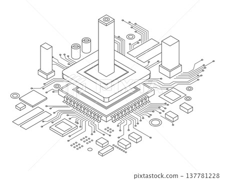 Electronic cpu digital chip monochrome. Processor and electronic components on motherboard or circuit board. Microchip or microprocessor, hardware engineering. AI. Blockchain technology isometric 137781228