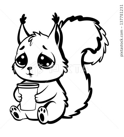 Sleepy small squirrel joy, Tiny creature holds steaming cup in autumn scene, Small bushytailed animal enjoying hot beverage surrounded by amber foliage and soft ambient warmth 137781231