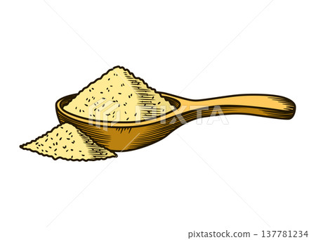 Cane sugar. Product from sugarcane plant. Engraving hand drawn natural organic food or natural ingredient. Fresh sugar pours out of a measuring spoon Cane sugar. Product from sugarcane plant. Engraving hand drawn natural organic food or natural ingredient. Fresh sugar pours out of a measuring spoon 137781234