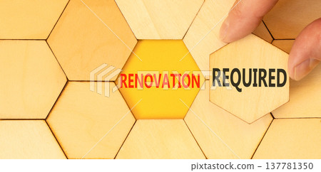 Renovation required words symbol. Concept words Renovation required on beautiful wooden puzzles. Beautiful yellow background. Business and Renovation required words concept. Copy space. 137781350