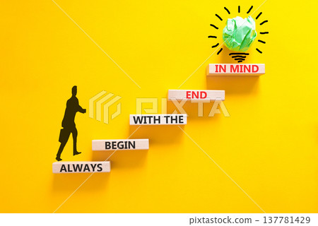 Begin with the end in mind symbol. Concept words Always begin with the end in mind on beautiful wooden blocks. Beautiful yellow background. Business begin with the end in mind concept. Copy space. Begin with the end in mind symbol. Concept words Always begin with the end in mind on beautiful wooden blocks. Beautiful yellow background. Business begin with the end in mind concept. Copy space. 137781429