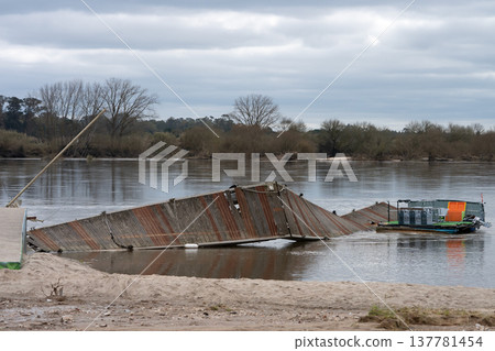 Boat marina in Tejo river destroyed by the wind of the major storms that hit Portugal in 2026 winter 137781454