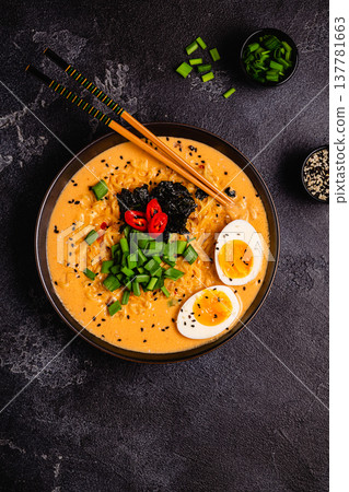 Korean style instant noodle, Shin Ramyeon with egg. 137781663