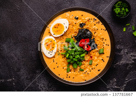Korean style instant noodle, Shin Ramyeon with egg. Korean style instant noodle, Shin Ramyeon with egg. 137781667