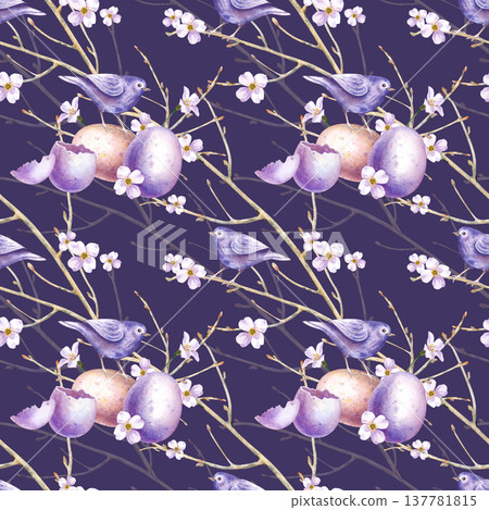Seamless watercolor drawing with a small blue bird, painted eggs, bare tree branches and white flowers. Botanical illustration on a dark purple background. Spring background for Easter holidays Seamless watercolor drawing with a small blue bird, painted eggs, bare tree branches and white flowers. Botanical illustration on a dark purple background. Spring background for Easter holidays 137781815