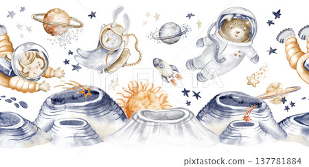 Space animals illustration features cosmic animals like astronauts and rockets. Border design is seamless, horizontal, and hand painted. Perfect for children's birthday, holiday, nursery decoration. 137781884