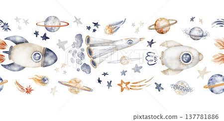 Rocket ship seamless border illustration. Watercolor hand painted design of space adventure. Ideal for childrens stationery, banners, and decoration. Rocket ship seamless border illustration. Watercolor hand painted design of space adventure. Ideal for childrens stationery, banners, and decoration. 137781886