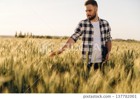 In checkered shirt. Guy engineer in wheat field against wind turbines 137782001