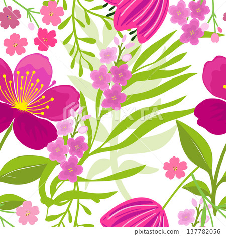 Seamless pattern with spring pink flowers. Hand drawn. Not AI, vector illustration. 137782056