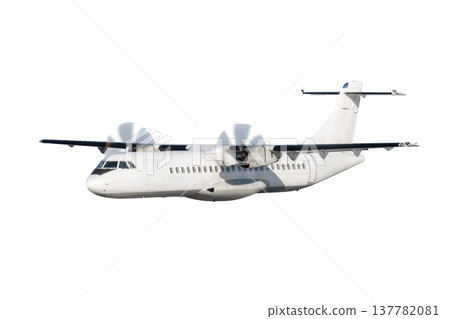 Passenger turboprop airplane fly isolated on white background 137782081