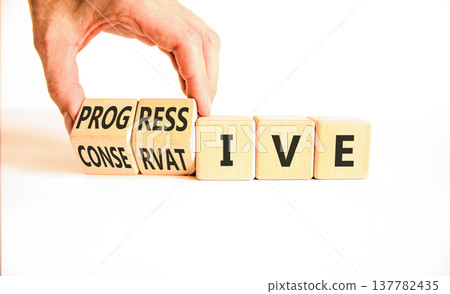 Progressive or conservative symbol. Businessman turns wooden cubes and changes word Conservative to Progressive. Beautiful white background. Business progressive or conservative concept. Copy space. 137782435
