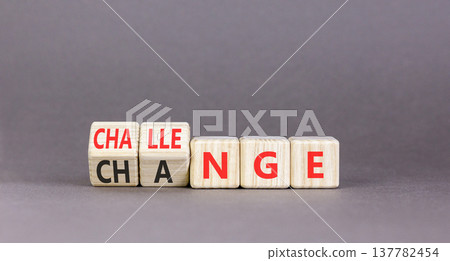 Chance or challenge symbol. Concept words Challenge to Chance on beautiful wooden cubes. Beautiful grey table grey background. Business challenge or chance concept. Copy space. Chance or challenge symbol. Concept words Challenge to Chance on beautiful wooden cubes. Beautiful grey table grey background. Business challenge or chance concept. Copy space. 137782454