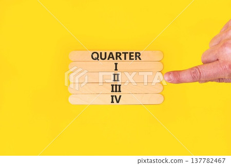 2nd second quarter 2 symbol. Concept word Quarter 2 on beautiful wooden sticks. Beautiful yellow background. Businessman's hand. Business, happy 2nd second quarter 2 Q2 concept. Copy space. 137782467